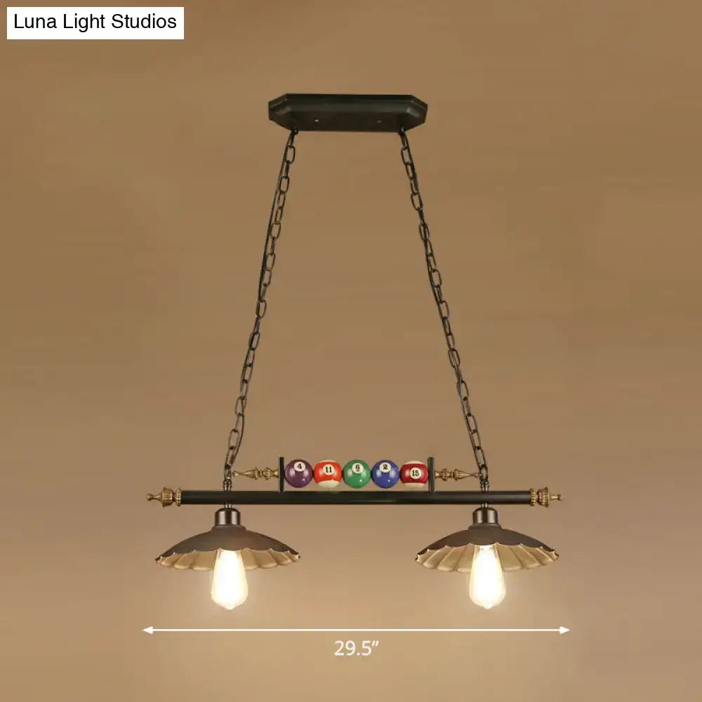 DecorBites industrial style hanging light with black metal finish, brass accents, and colorful billiard ball deco fixture