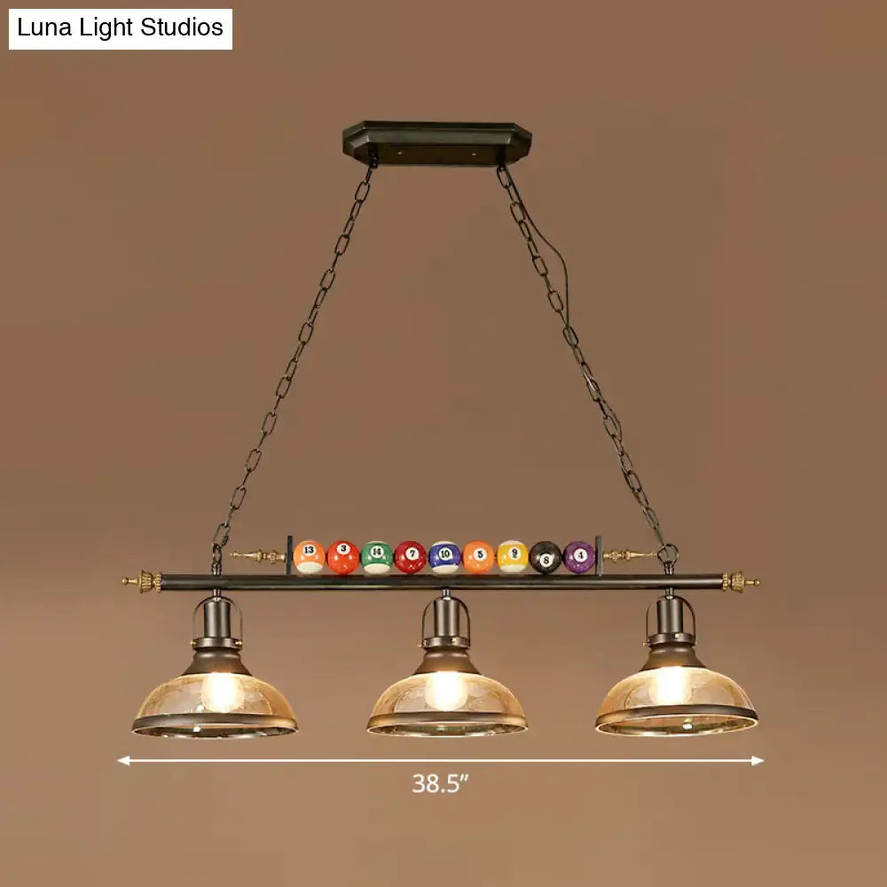 DecorBites industrial style three-light pool table pendant light with black metal frame and colorful billiard ball deco