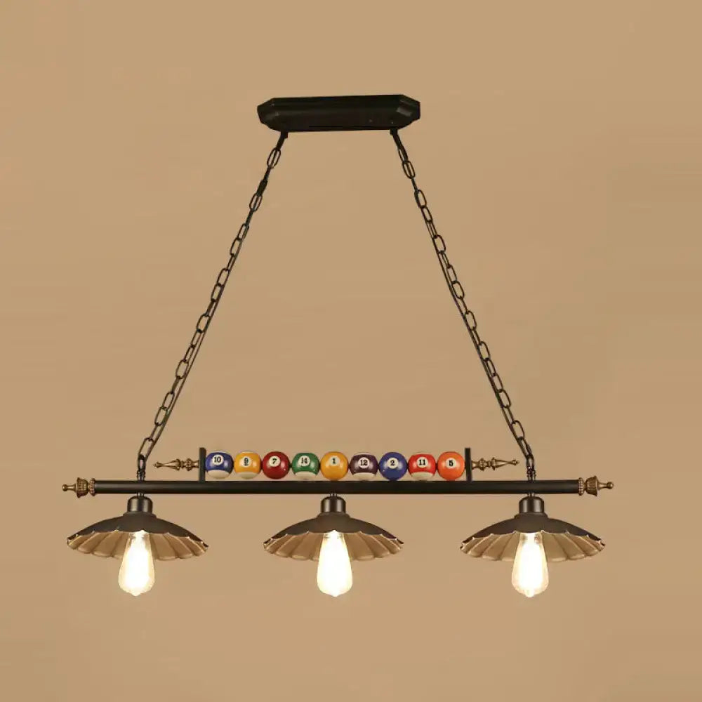 Decorbites™ industrial style hanging light with black metal finish featuring three bulbs and billiard ball deco design