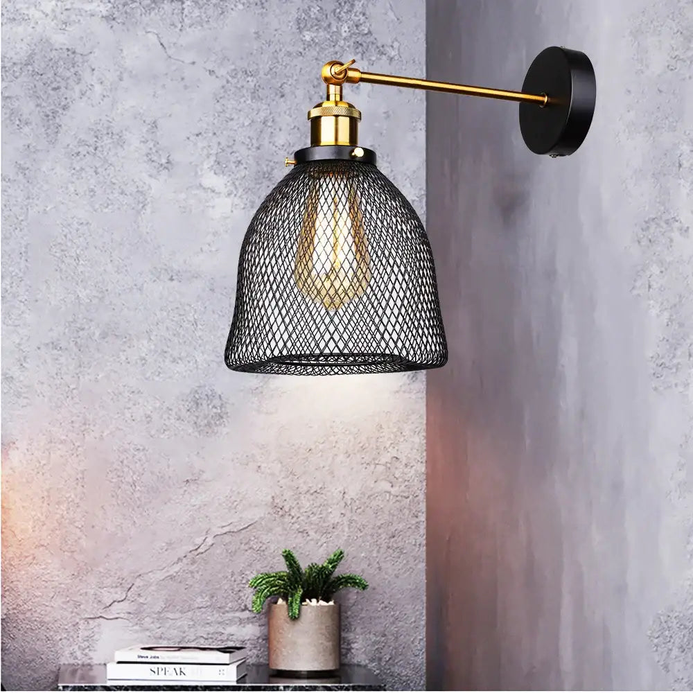 Industrial black and brass led cage wall sconce with black mesh shade for living room decorbites industrial led lighting
