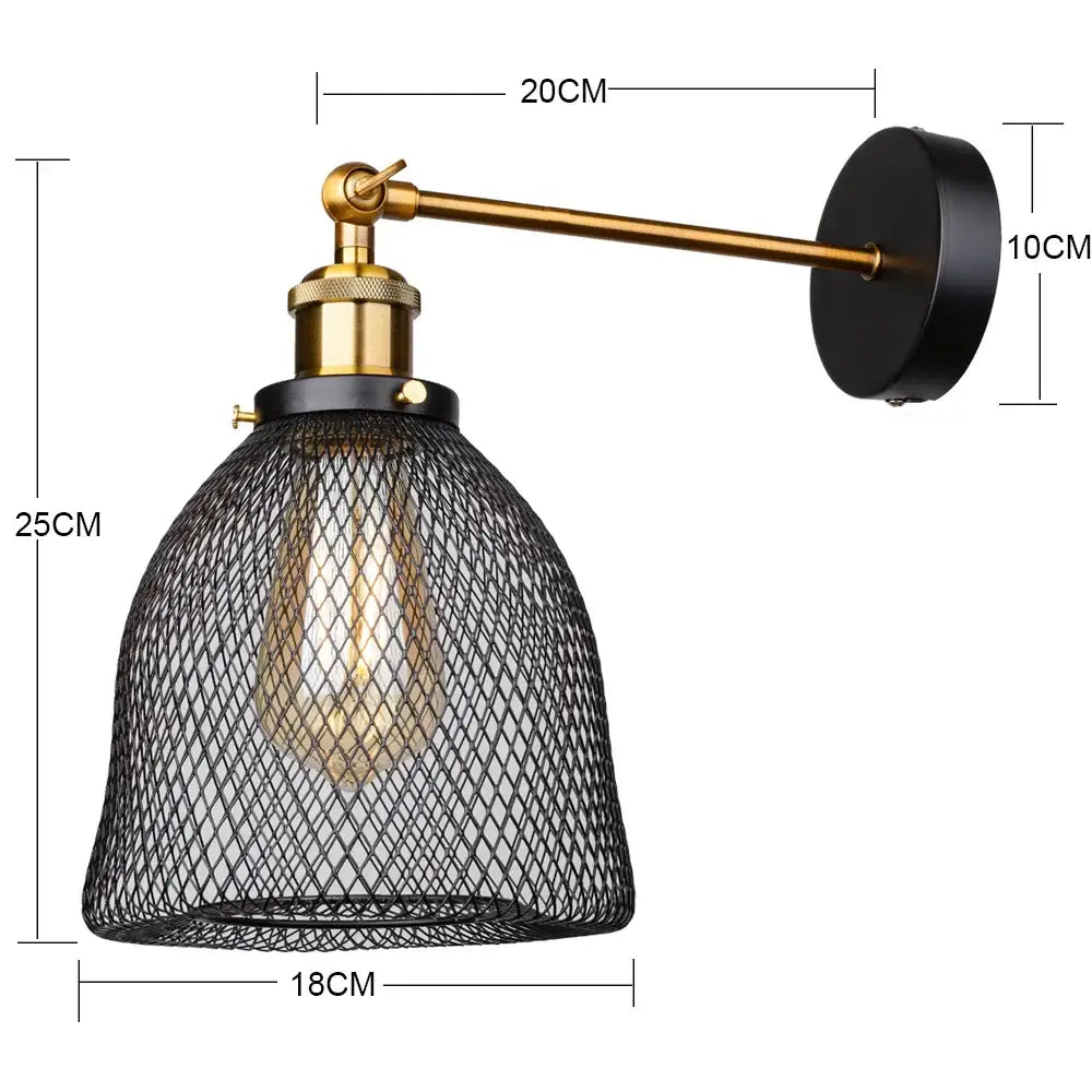 Industrial black and brass led cage wall sconce with mesh shade housing exposed edison bulb for decorbites industrial led lighting