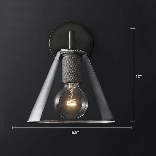 Industrial black and brass wall lamp with clear glass cone shade and exposed filament bulb fixture type for bedroom