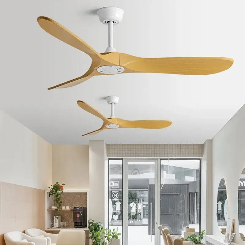 Modern ceiling fan with three light wood blades and white hub, suitable as an industrial vintage ceiling fan for bedrooms