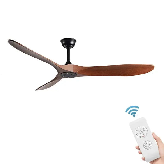 Modern vintage ceiling fan with three dark wood blades, black hub, and white remote for bedroom use