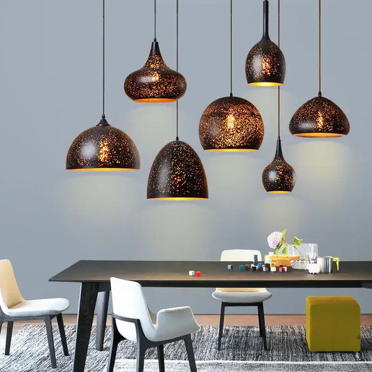 Industrial black and gold etched wrought iron chandelier with black speckled pendant lights for dining room decorbites etched wrought