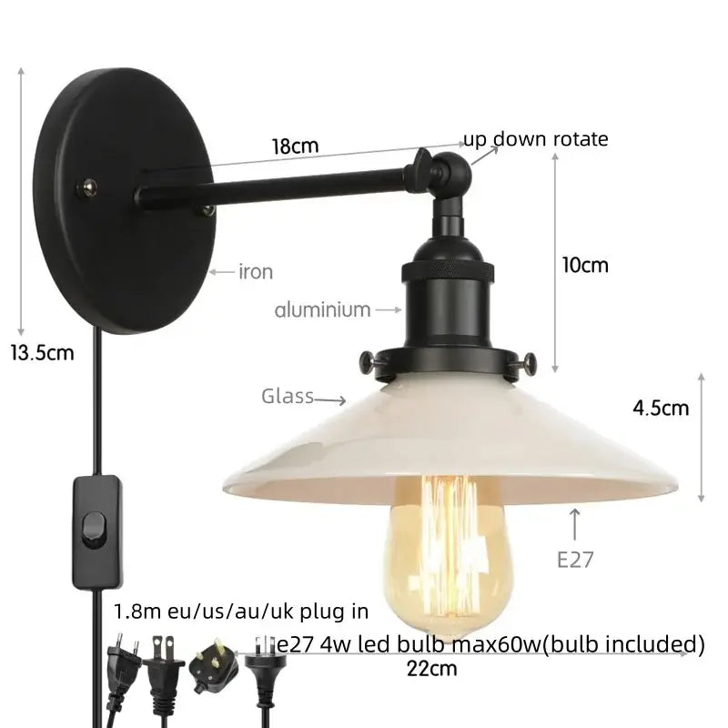 Industrial black and white decorbites led wall sconce with black iron, aluminum frame, and cream glass shade for bedroom use