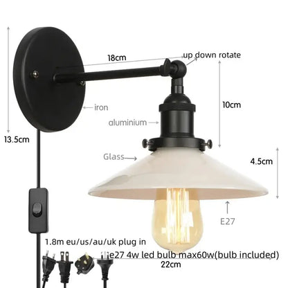 Industrial black and white decorbites led wall sconce with black iron, aluminum frame, and cream glass shade for bedroom use