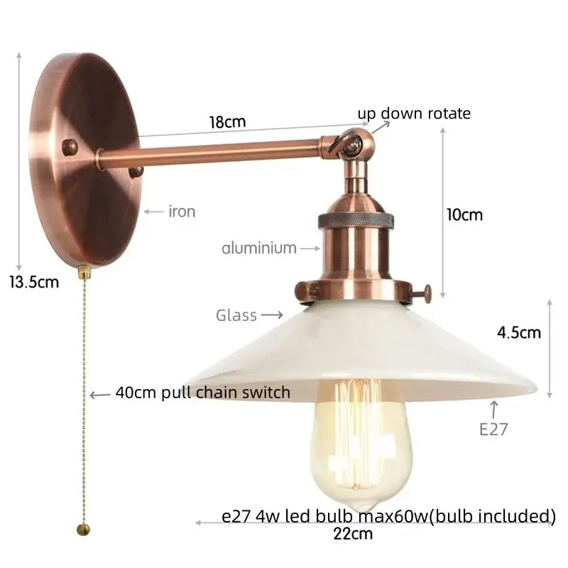 Copper-finished industrial black and white decorbites led wall sconce with white glass shade and edison bulb for bedroom
