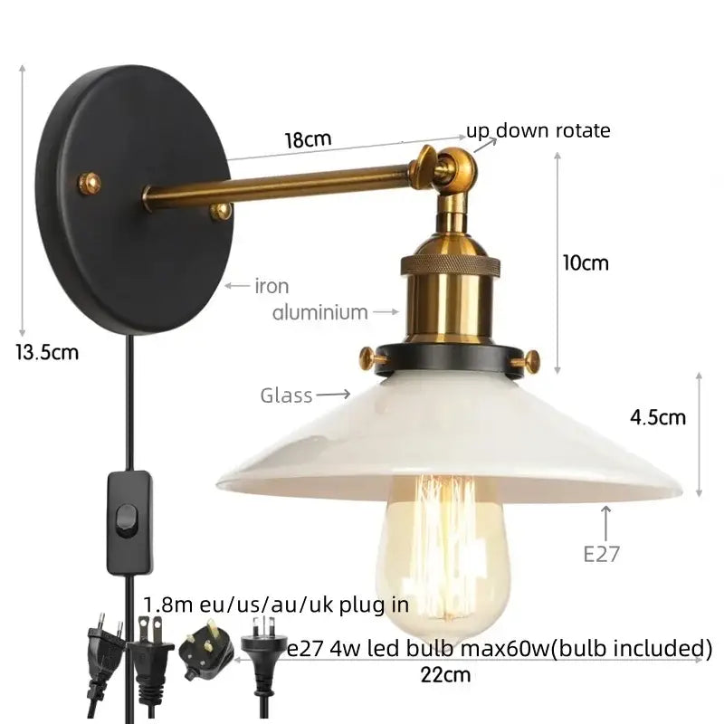Industrial black and white decorbites led wall sconce with brass iron arm white glass shade and e27 led bulb for bedroom use