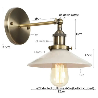 Vintage-style brass industrial black and white decorbites led wall sconce with white glass shade and exposed edison bulb