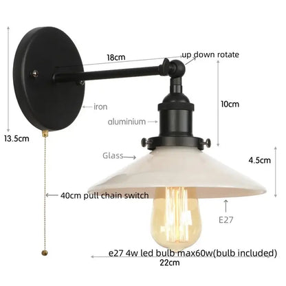 Industrial black and white decorbites led wall sconce with iron, aluminum, cream glass shade, and exposed e27 led bulb