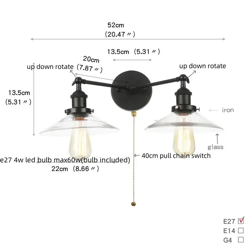 Industrial black iron wall light fixture with two adjustable arms and clear glass shades for bedroom sconce lighting