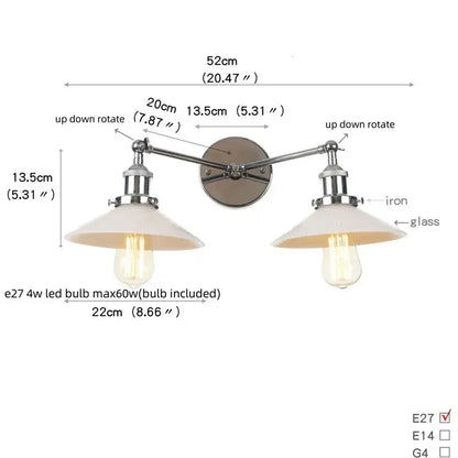 Industrial black and white wall light fixture with chrome iron arms white glass shades and exposed edison bulb sockets