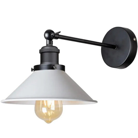 Industrial black and white wall sconce with metal frame white conical shade and exposed filament bulb decorbites industrial wall sconce
