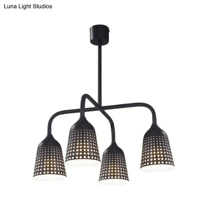 DecorBites™ factory iron black bell pendant light fixture with four perforated bell-shaped shades and bulb bases
