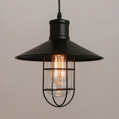 Industrial black bird cage pendant light with wide metal shade and exposed filament bulb for dining room decorbites bird cage