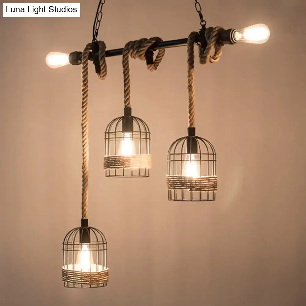 DecorBites™ black birdcage pendant light with five e26 e27 bulbs features industrial metal frames wrapped in jute rope