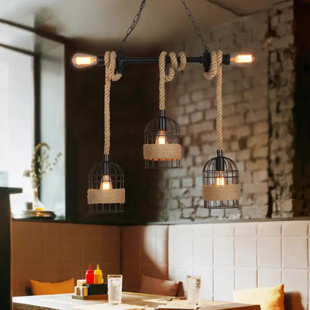 DecorBites black birdcage island pendant light with three jute rope cords and factory metal design for e26 e27 bulbs