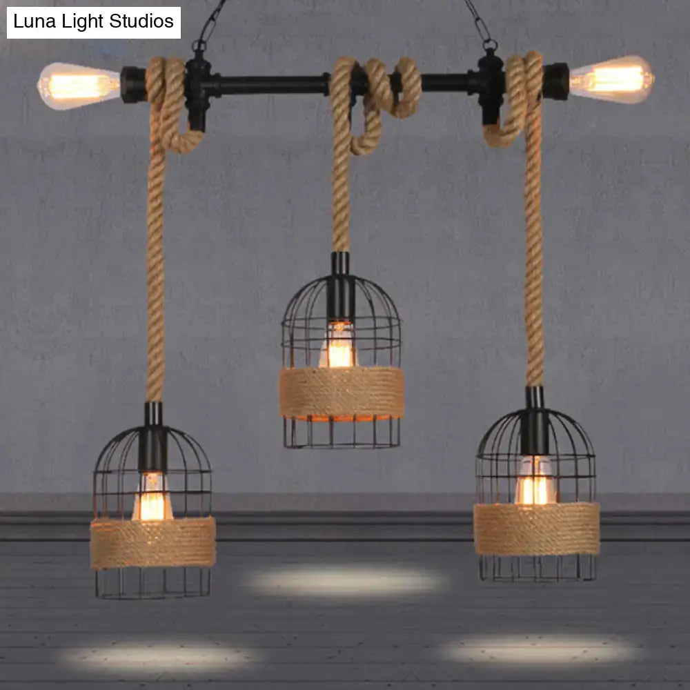 DecorBites black birdcage island pendant light with five e26 e27 bulbs, black metal and jute rope in industrial style