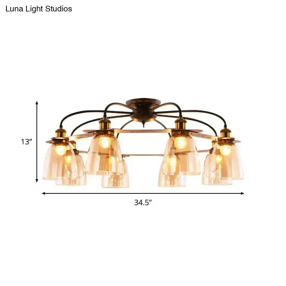 Bronze finished decorbites™ industrial cognac glass bell ceiling lamp with six amber shades for living room use