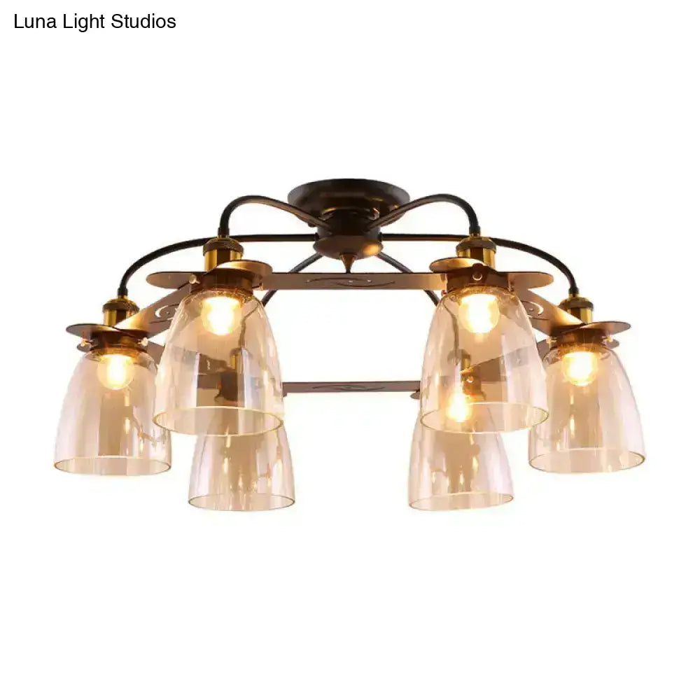 Decorbites industrial cognac glass bell semi flush ceiling lamp with six warm glass shades in aged brass for living room
