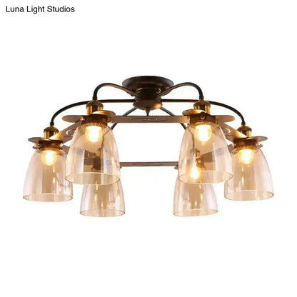 Decorbites industrial cognac glass bell semi flush ceiling lamp with six warm glass shades in aged brass for living room