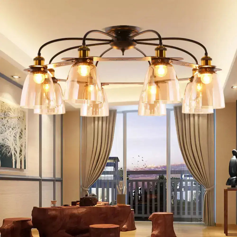 Decorbites industrial cognac glass bell ceiling lamp with six warm-toned aged brass shades for living room