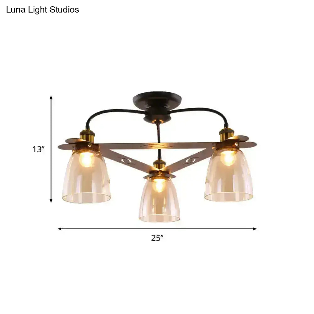 DecorBites industrial ceiling lamp with three cognac glass bell shades and dark bronze frame for living room use