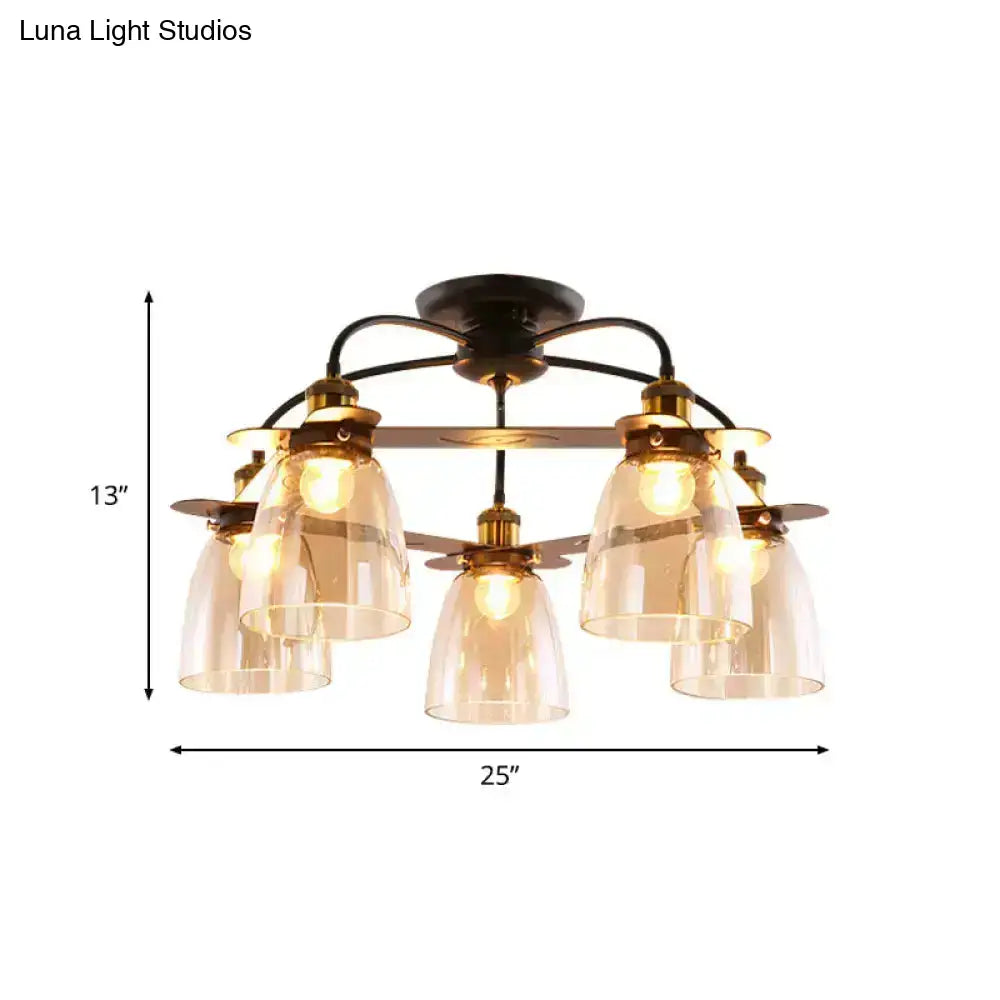 DecorBites™ industrial cognac glass bell ceiling lamp with five amber-tinted shades in aged brass for living room