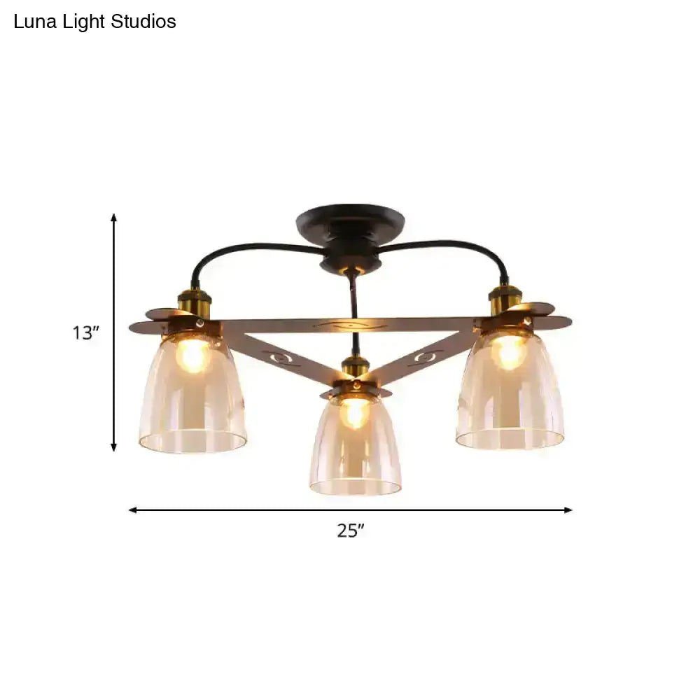 Decorbites industrial cognac glass bell ceiling lamp with three warm glass shades and aged brass frame for living room