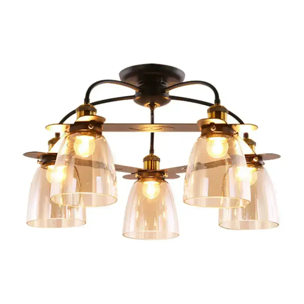 DecorBites™ industrial cognac glass bell ceiling lamp with five clear glass shades and aged brass for living room
