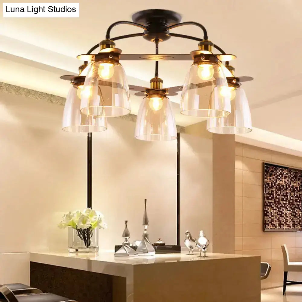 DecorBites™ industrial cognac glass bell ceiling lamp with aged brass finish and five clear glass shades for living room