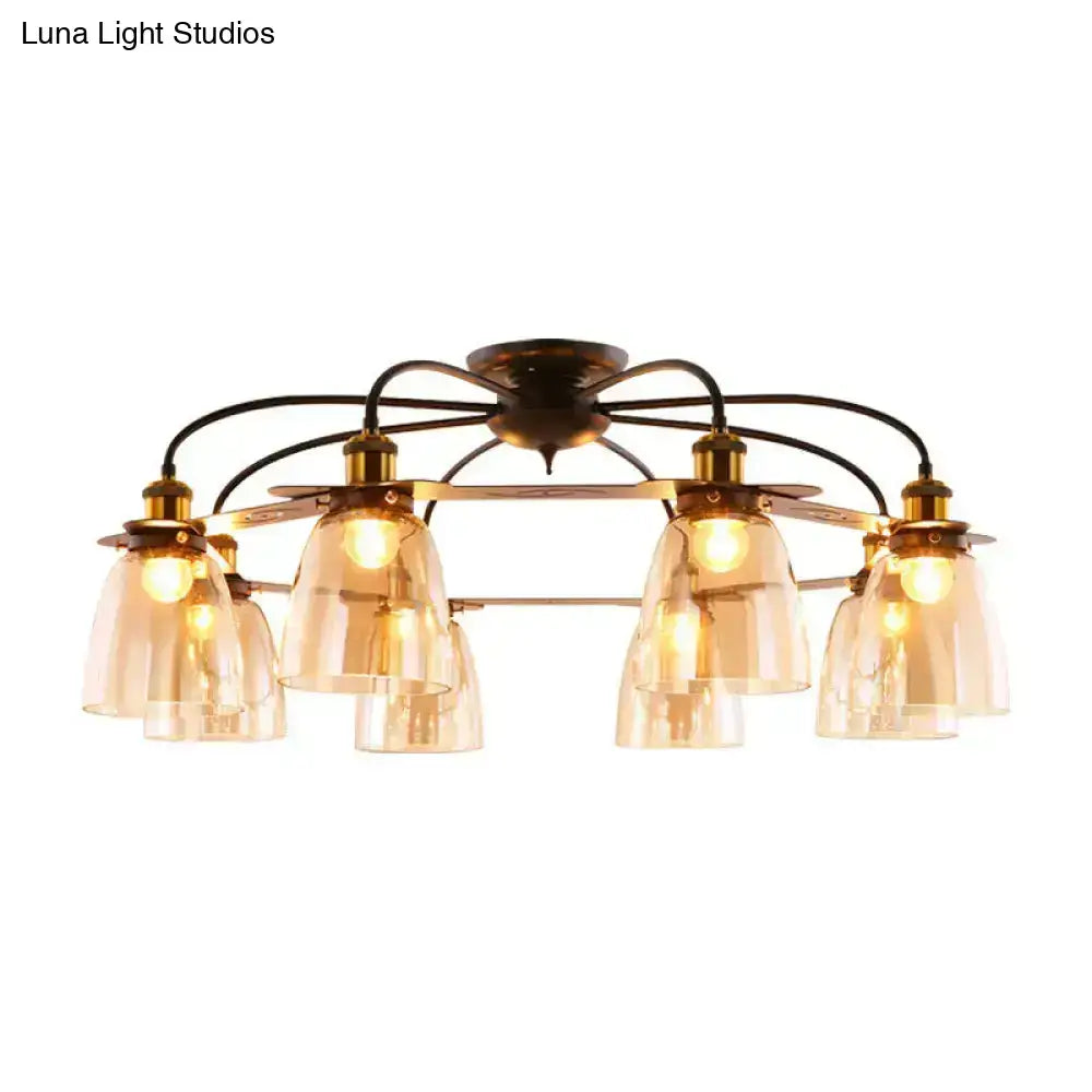 Decorbites industrial cognac glass bell semi flush ceiling lamp with six amber shades and aged brass arms for living room