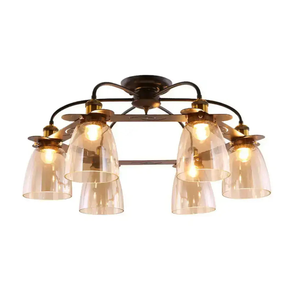 Bronze-finished DecorBites industrial ceiling lamp with six cognac glass bell shades for living room use