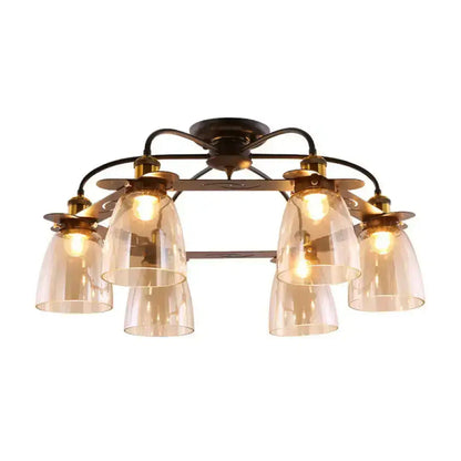 Bronze-finished DecorBites industrial ceiling lamp with six cognac glass bell shades for living room use
