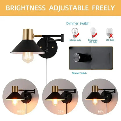 Industrial black and brass dimmable wall lamp with adjustable arm and halogen bulb by decorbites for bedroom use