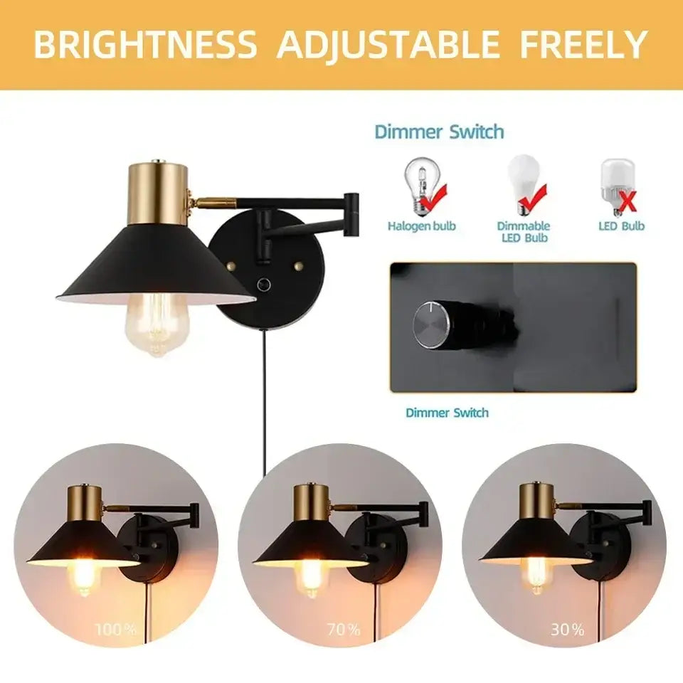 Industrial black and brass dimmable wall lamp with adjustable arm and halogen bulb by decorbites for bedroom use