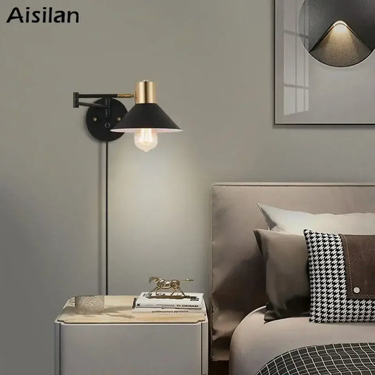 Industrial black and brass dimmable wall lamp with conical shade ideal for bedroom decorbites dimmable wall light