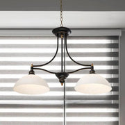 Black wrought iron industrial black dome island light fixture with opal glass and brass accents for dining table lighting