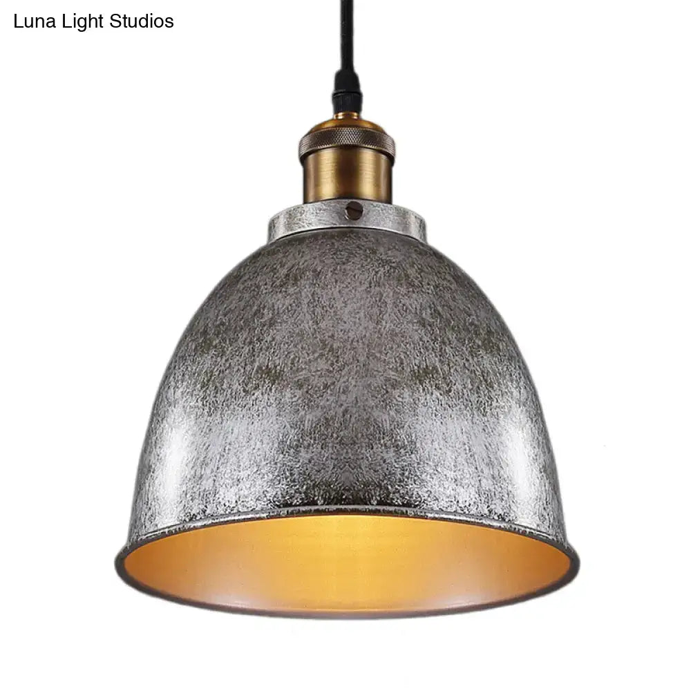 Decorbites™ lonie antique style dome pendant lamp in distressed metallic gray with warm gold interior and brass fixture