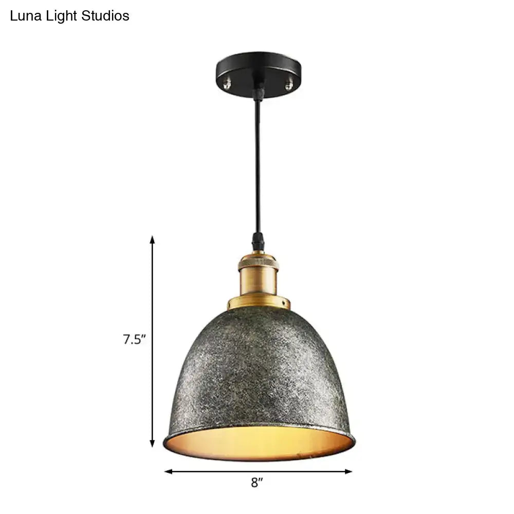 Industrial-style pendant lamp with distressed metallic gray antique style dome shade and brass accents by DecorBites™