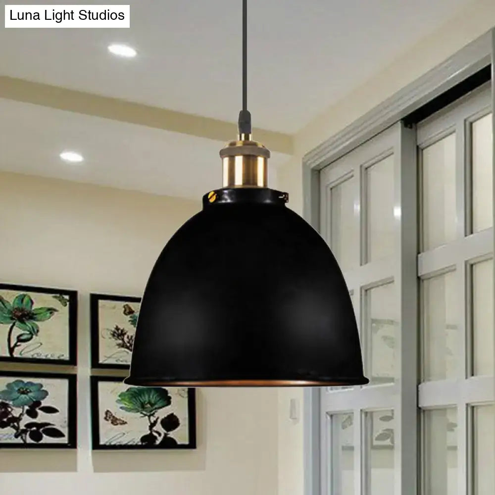 DecorBites™ Lonie antique style dome pendant lamp in black wrought iron with brass fixture and hanging cord