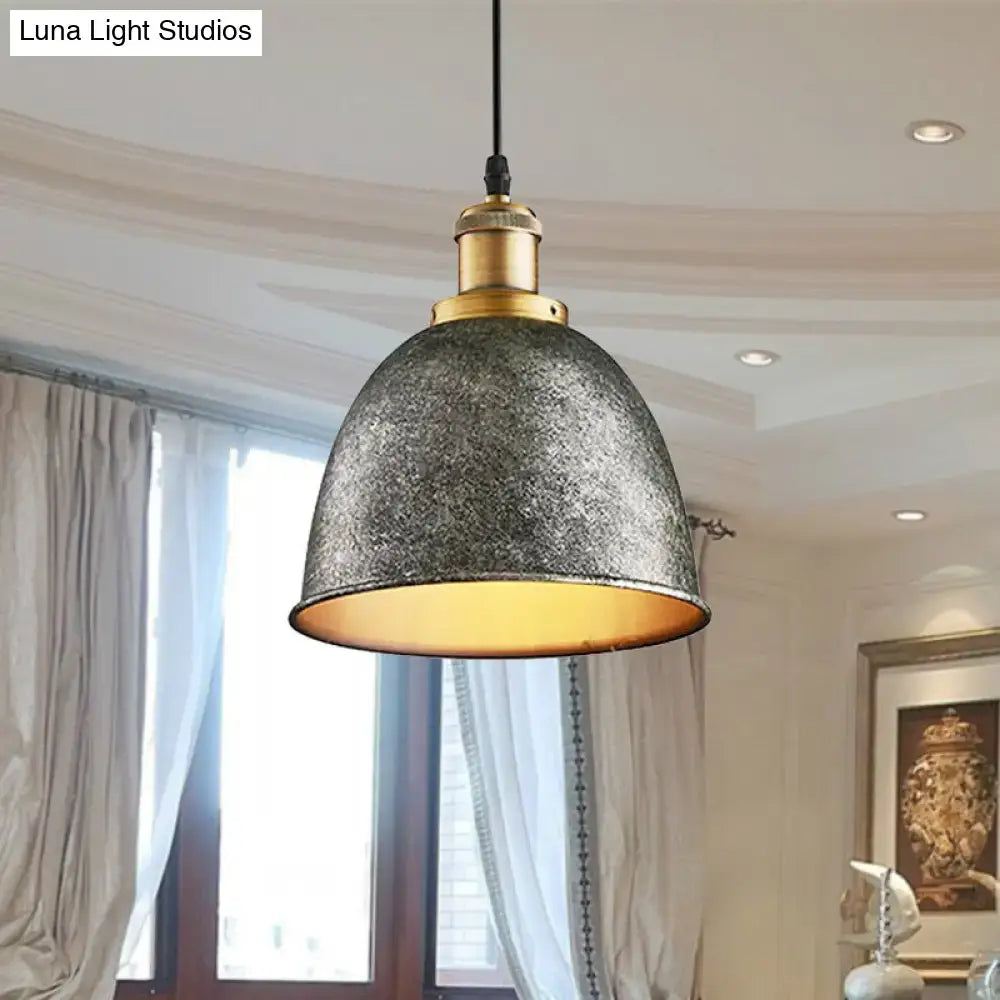 Decorbites™ lonie antique style dome pendant lamp with textured gray metal shade brass accents and black wrought iron cord