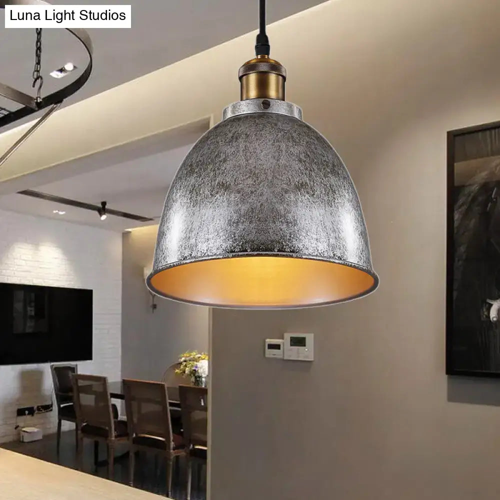 DecorBites™ Lonie antique style dome pendant lamp with distressed metallic gray finish and brass hardware connection