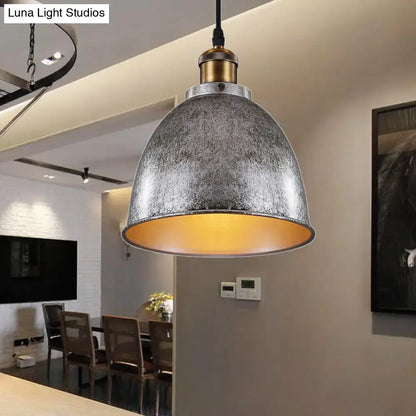 DecorBites™ Lonie antique style dome pendant lamp with distressed metallic gray finish and brass hardware connection