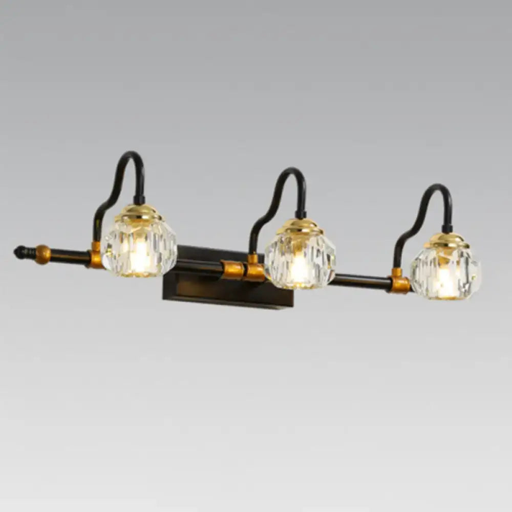Industrial black and brass hexagon vanity wall lamp with dark bronze finish and clear crystal prisms globes