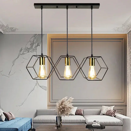 Industrial black and brass hexagonal pendant light with gold-finished holders and exposed Edison bulbs for dining room decorbites industrial led hanging