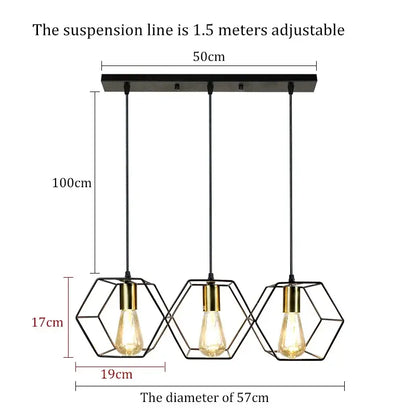 Black metal and brass hexagonal pendant light with three exposed Edison bulbs for industrial led hanging decorbites