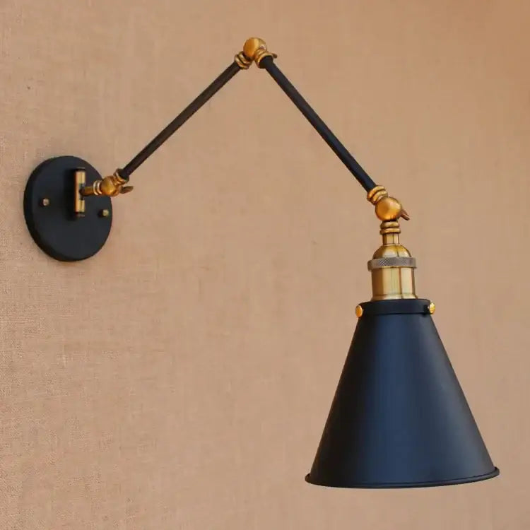 Black matte finished industrial swing arm wall lamp with brass accents and conical shade for bedroom decorbites industrial swing