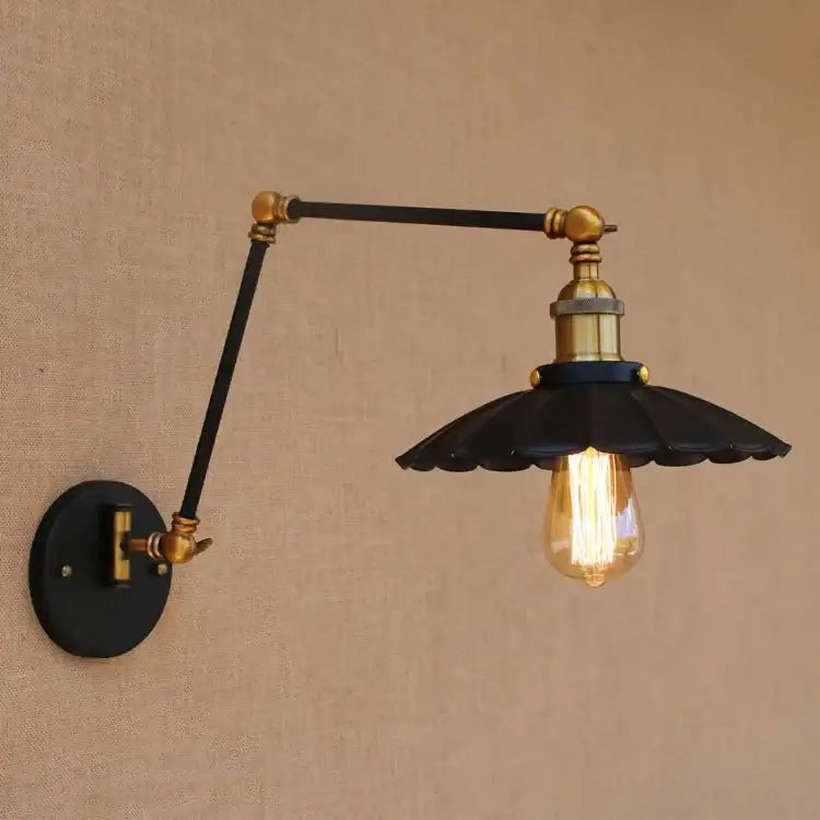 Industrial black and brass swing arm wall lamp with fluted shade and exposed bulb for bedroom decorbites industrial swing arm